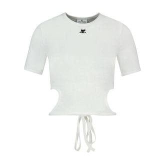 Courr&egrave;ges Womens Ribbon Cut-Out Contrast T-Shirt White Cotton