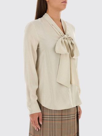 Burberry Striped Silk Pussy-Bow Shirt with Embroidered Logo