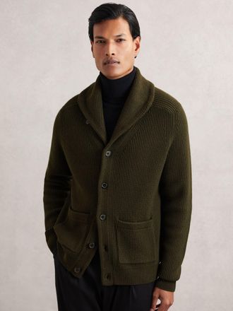 Reiss Dark Olive Green Shawl-collar Cardigan With Wool, Xxl