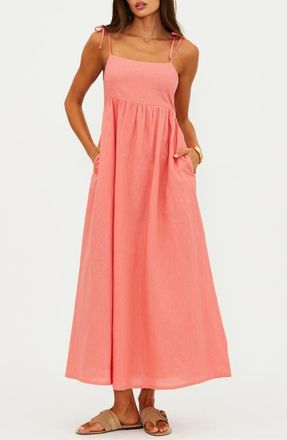 Beach Riot Valory Cotton & Linen Cover-Up Maxi Sundress in Coral Sea Linen at Nordstrom, Size X-Small