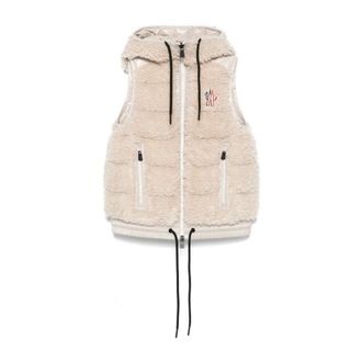 Moncler Jassen, Dames, Beige, M, Polyester, Beige Gewatteerd Vest met Shearling