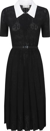 Tory Burch Monogram Pointelle Geplooide Jurk - Dames - Kleedjes - Zwart - M - Polyester - Kleedjes