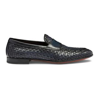 Santoni Loafers, male, Blue, Size: 9 1/2 US Woven Leather Penny Loafer