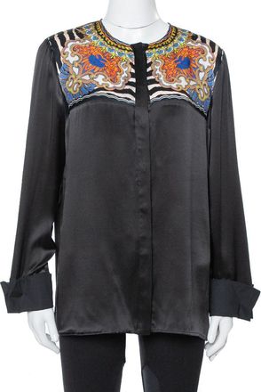Just Cavalli Black Silk Printed Yoke Detail Long Sleeve Top