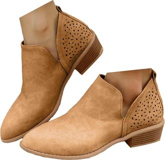 Generic Womens Ankle Boots & Booties,V Cutout Pointed Toe Chunky Stacked Heel Ankle Boots Slip On Vintage Faux Leather Arch Support Shoes Fashion Low Heel Pul