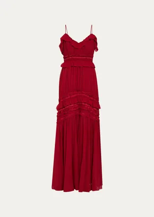 Ulla Johnson Dorothea Ribbon-Trim Ruffle Silk Gown