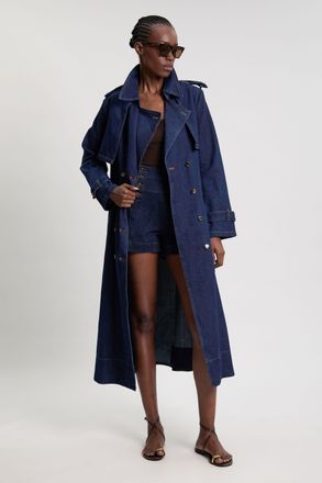 Karen Millen Womens Denim Belted Trench Coat - Indigo Blue Cotton - Size 14 UK