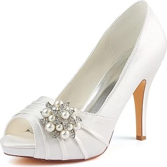 Emily Bridalwear Ivory Wedding Shoes High Heel Peep Pumps Platform Pleated Pearl Rhinestone Slip-on Bridal Shoes (EU39/UK6, Ivory)
