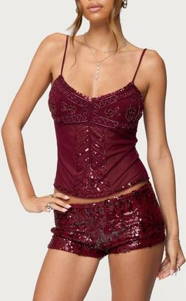 Edikted Azelia Bead & Sequin Camisole in Burgundy at Nordstrom, Size X-Small
