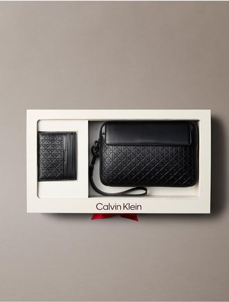 Calvin Klein Mens Allover Emblem Logo Card Case + Pouch - Black