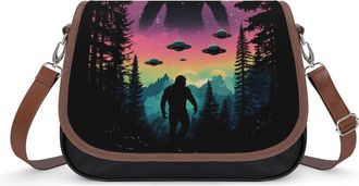 Generic Bigfoot And Aliens Crossbody Bag Womens Handbag PU Message Bags Shoulder Purse with Adjustable Strap