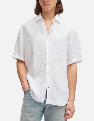 HUGO BOSS Mens Boss Rash 2 Linen Short Sleeve Shirt - White - Size: Regular/40