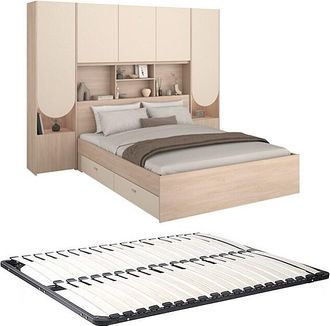 Vente-Unique Cama puente 140 x 190 cm con almacenamiento - Con LEDs - Color: Beige y natural + Somier - DOMELITO