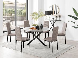 Furniturebox Novara Grey Concrete Effect Black Leg 120cm Round Dining Table & 6 Milan Black Leg Chairs in Beige