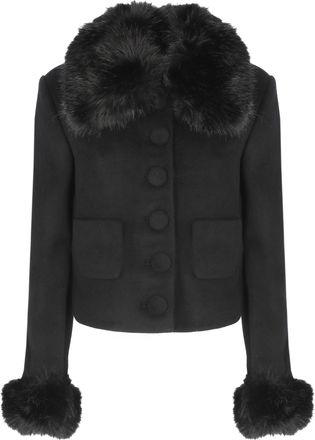 Self Portrait Black Cropped Faux Fur Details Jacket