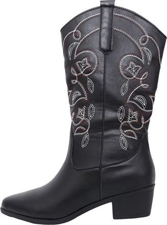 Generic Ladies Cowboy Boots Wide Calf, Cowgirl Western Boots Block Heel Synthetic Leather Riding Boots for Women, Mid Calf Country Wedding Shoes