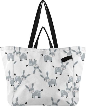 Generic Cute Donkeys Animals White pattern Reusable Canvas Tote Bag, Heavy Duty Grocery Shopping Bag with Hard Bottom Double Handles Large Capacity Work Groce