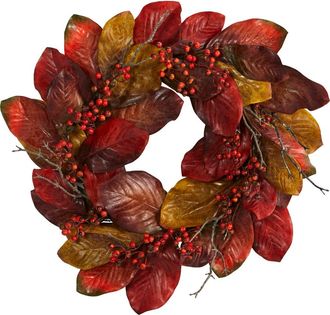 Nearly Natural 24-in Harvest Magnolia Leaf and Berries Artificial Wreath in Orange at Nordstrom