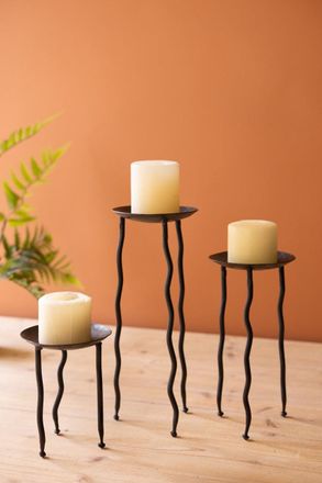 Kalalou Set Of Three Rustic Metal Candle Stands With Wavy Legs