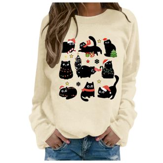 Generic Christmas Jumper Women,Merry Christmas Oversized Sweatshirt Women Xmas Cat Sweatshirts Crew Neck Pullover Tops Casual Long Sleeve Tops Women Shirts Lo