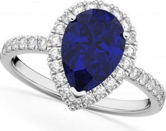 Allurez Pear Cut Halo Blue Sapphire & Diamond Engagement Ring 14K White Gold 3.01ct