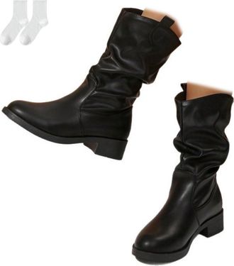 Generic Womens Mid-Calf Slouch Boots in A Leather Look, Comfortable Slip-On Boots with Low Block Heel, Round Toe And Wide Shaft, Fashionable Winter Boots for 