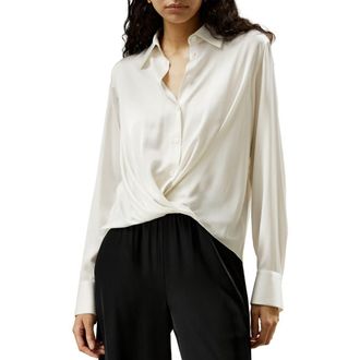 LilySilk Womens Hem Pleated Silk Blouse in White at Nordstrom, Size X-Large