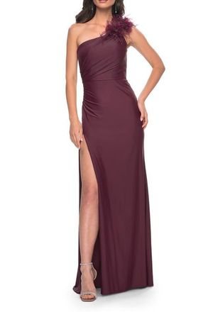 La Femme One Shoulder Jersey Gown with Feather Detail in Dark Wine at Nordstrom, Size 14