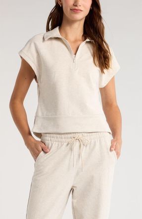 Zella Tempo Terry Half Zip Short Sleeve Sweatshirt in Ivory Birch Oatmeal Heather at Nordstrom, Size X-Large