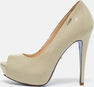 Loriblu Beige Perforated Patent Leather Peep Toe Platform Pumps