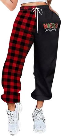 Generic Fleece Lined Trousers Red Checkered Christmas Print Sweatpants Fall/Winter Clothes for Women Printing Pocket Elastic Waist Trousers Straight Pants Swe