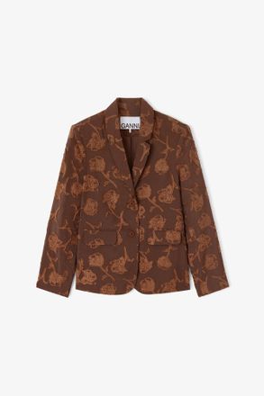 Ganni Cocoa Brown Blazer in Fil Coupe - Size 10/12 Recycled Cotton