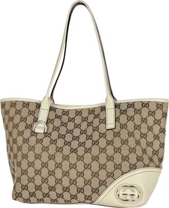 Gucci Beige White Gg Canvas Leather Tote Bag (Pre-Owned)