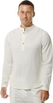Hoerev Mens Henley Beach Long Sleeves Linen Cotton Shirt,X-Large,White