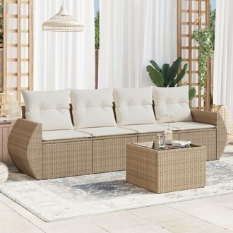 vidaXL Vidaxl - Juego De Sof&aacute;s Jard&iacute;n Con Cojines 5 Pzas Rat&aacute;n Sint&eacute;tico Beige