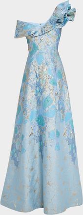 Teri Jon One-Shoulder Metallic Jacquard Gown