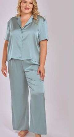 iCollection Stretch Satin Pajama Set with Button-Down Top in Sage at Nordstrom, Size 2X