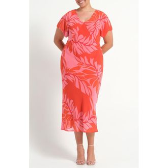 Estelle Leyla Leaf Print Sheath Midi Dress in Peony Rouge at Nordstrom, Size 16W