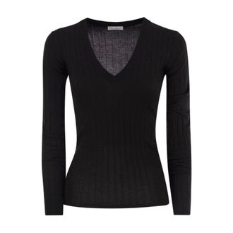 Brunello Cucinelli Brunello Cucinelli, V-neck Knitwear, female, Black, Size: L Ribbed V-Neck Long Sleeve Sweater