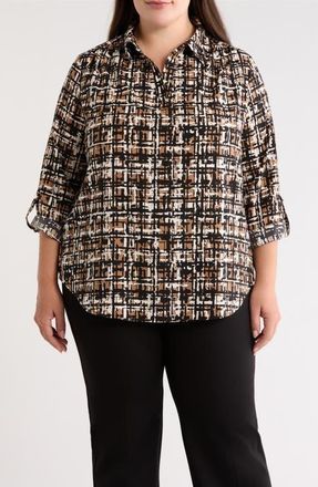 Anne Klein Print Roll Tab Top in Vicuna Multi at Nordstrom, Size 1X