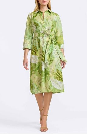 Foxcroft Fiona Botanical Print Belted Cotton Shirtdress in Green Multi at Nordstrom, Size X-Small