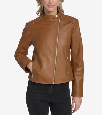 Cole Haan Womens Leather Racer Jacket - Brown Size Medium