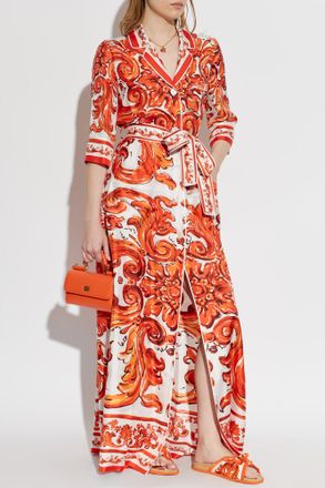 Dolce & Gabbana Long, Silk Coat With Majolica Print, Womens, Orange