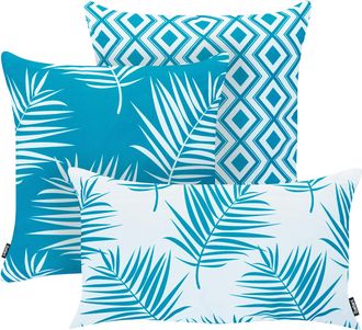 Beliani Conjunto De 3 Cojines Decorativos Para Exterior Accesorios De Jard&iacute;n Motivo Plantas Blanco Y Azul Birdwood