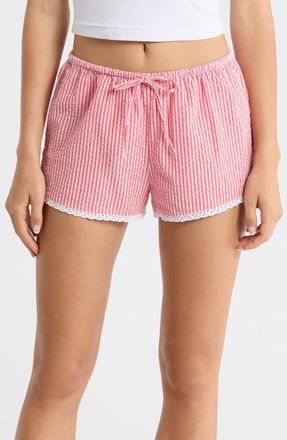 Open Edit Seersucker Boxer Sleep Shorts in Coral- Pink Hickory Stripe at Nordstrom, Size X-Large