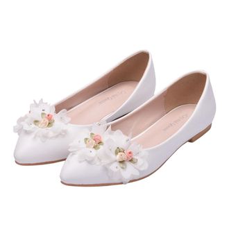 Frcolor Lace Bow Bridal Flats Women Pointed Toe Leather Bridesmaid Shoes White Size 40 Spring Autumn Shallow Mouth Casual Wedding Shoes