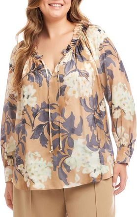 Karen Kane Floral Gathered Neck Satin Peasant Top in Floral Print at Nordstrom, Size 1X