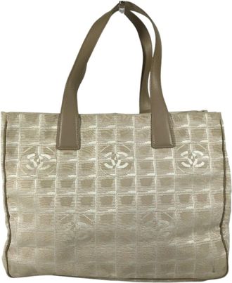 Chanel Beige Leather Nylon Jacquard Shoulder Bag Tote Bag (Pre-Owned)