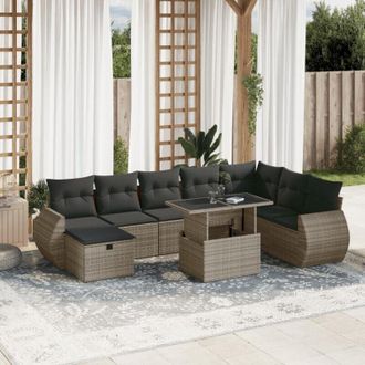 vidaXL Set De Muebles De Jard&iacute;n 9 Pzas Y Cojines Rat&aacute;n Sint&eacute;tico Gris Vidaxl
