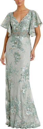 Mac Duggal Embroidered Flutter Sleeve Trumpet Gown
